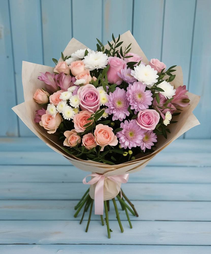 Букет цветов из: Хризантемы, Розы и Альстромерии в Шубном