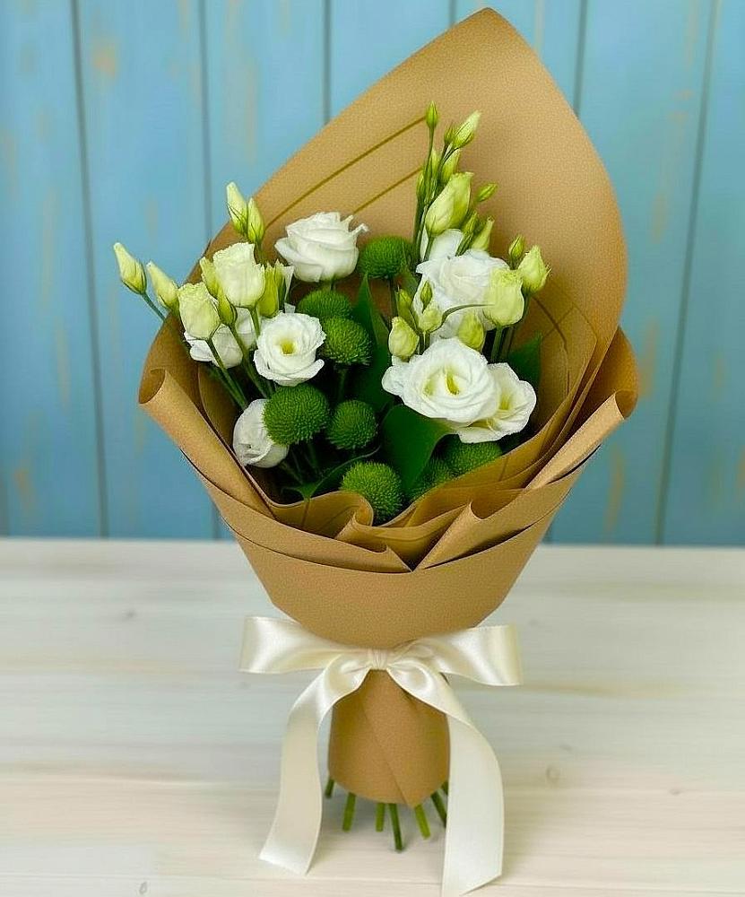 Букет цветов из: Хризантемы и Лизиантусы в Шубном