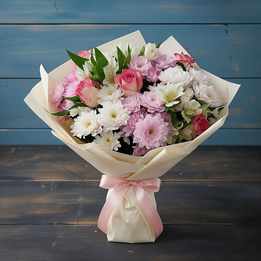 Букет цветов из: Хризантемы, Альстромерии и Розы в Шубном